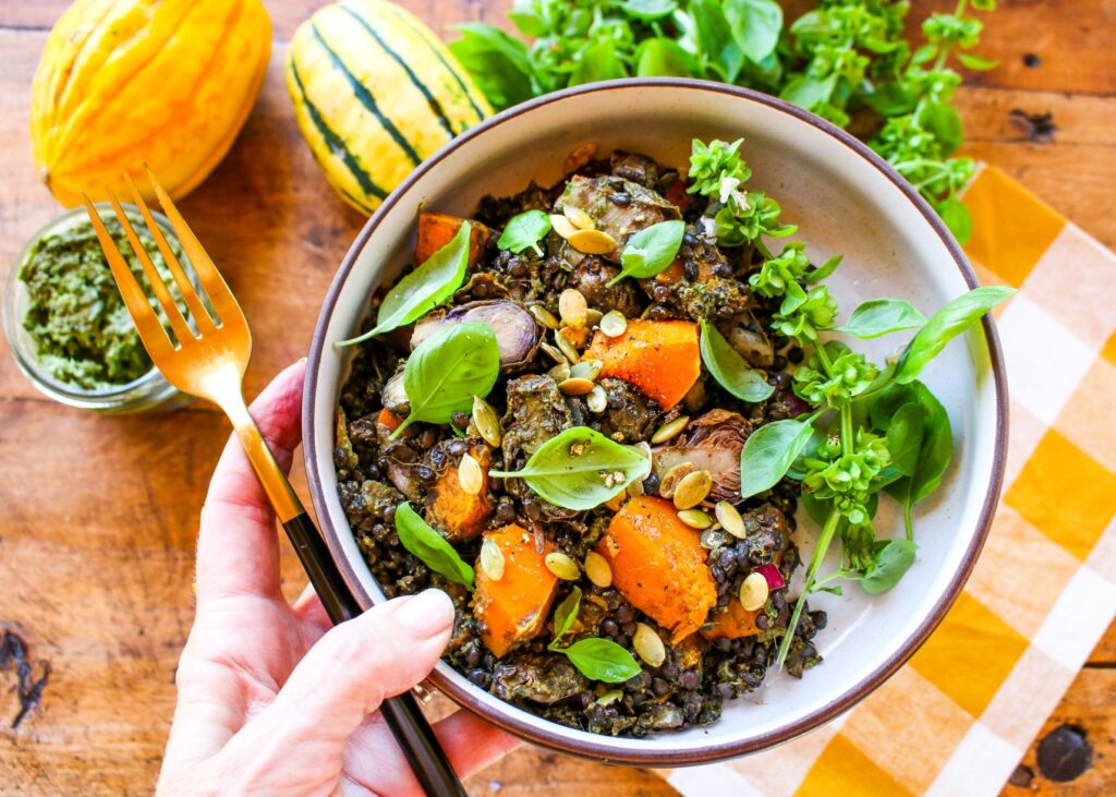 Black Lentil Pesto Salad with Butternut Squash and Brussels Sprouts