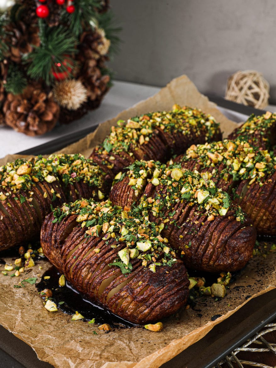 Maple Hasselback Potatoes With Pistachio Parsley Crumble