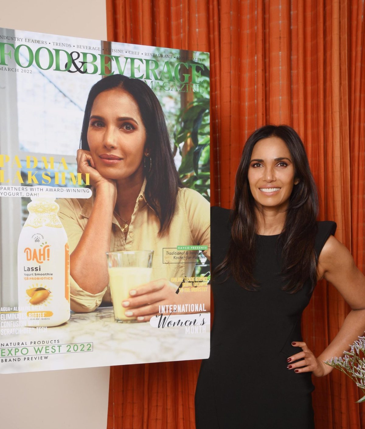 Padma Lakshmi on March 2022 Cover of Food & Beverage Magazine with DAH! yogurt