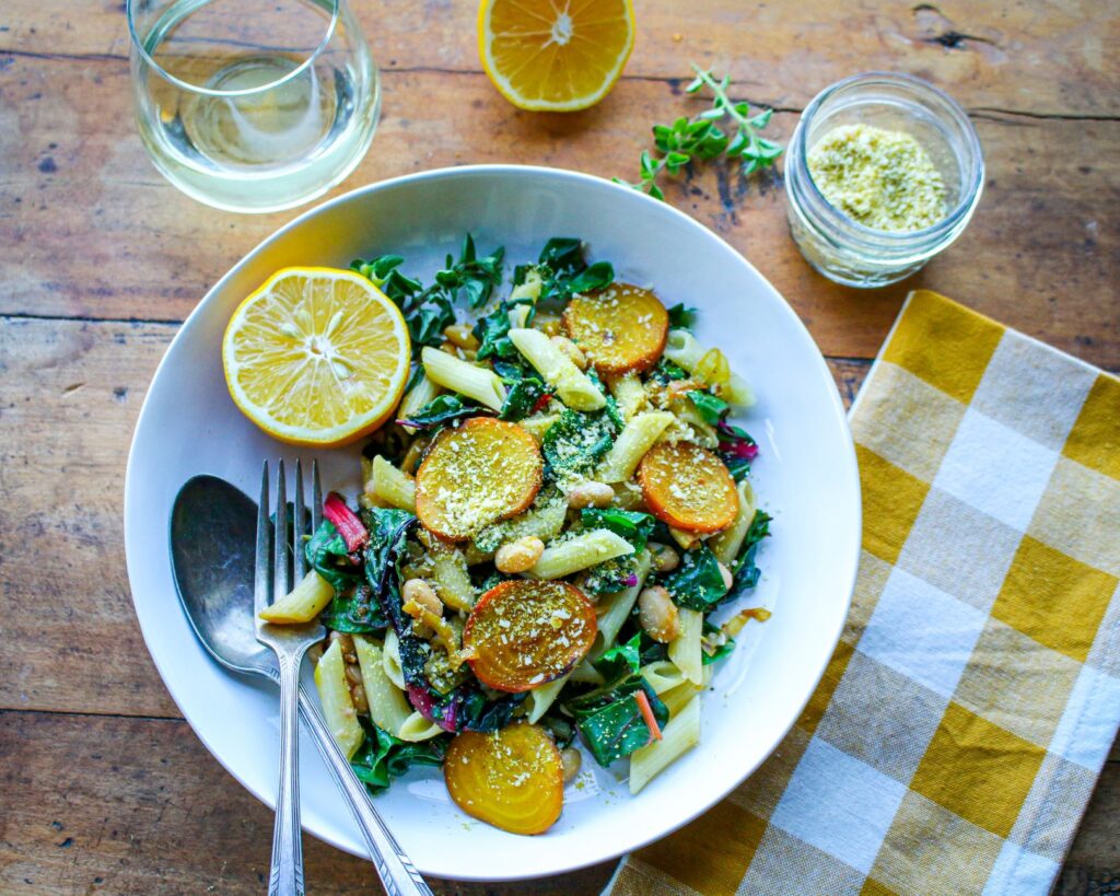 Golden Beets and Chard with White Beans and Penne