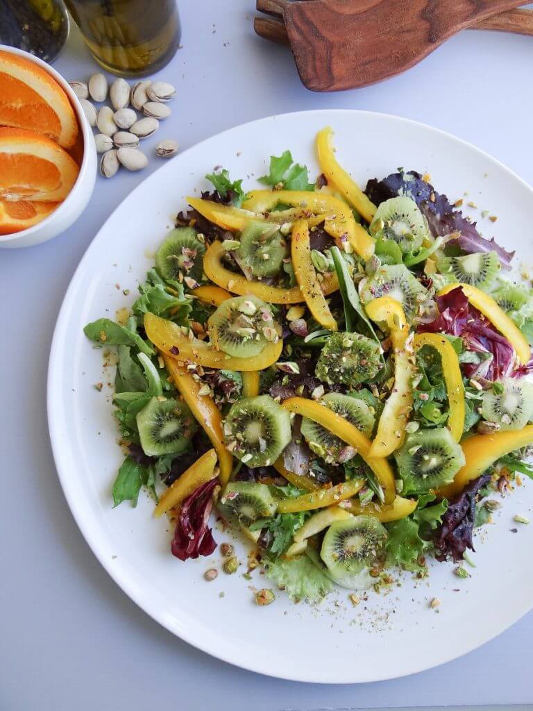 Kiwi Herb Salad with Pistachios and Orange Dressing
