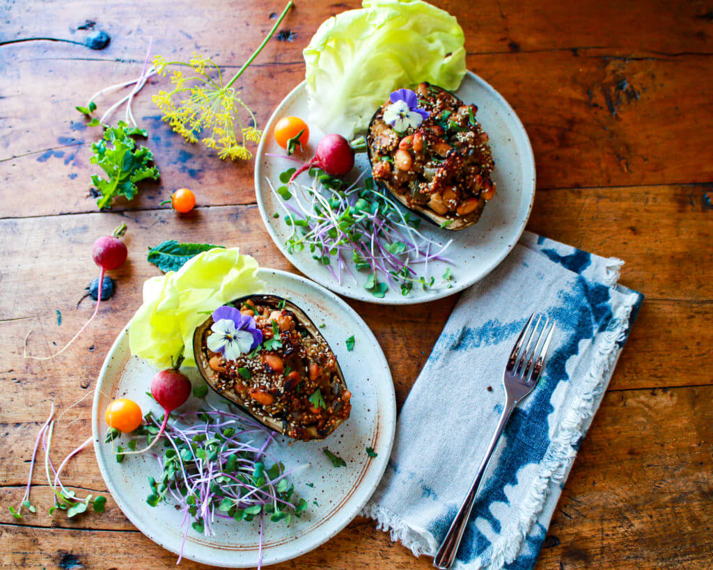 Eggplant Stuffed with Miso Quinoa