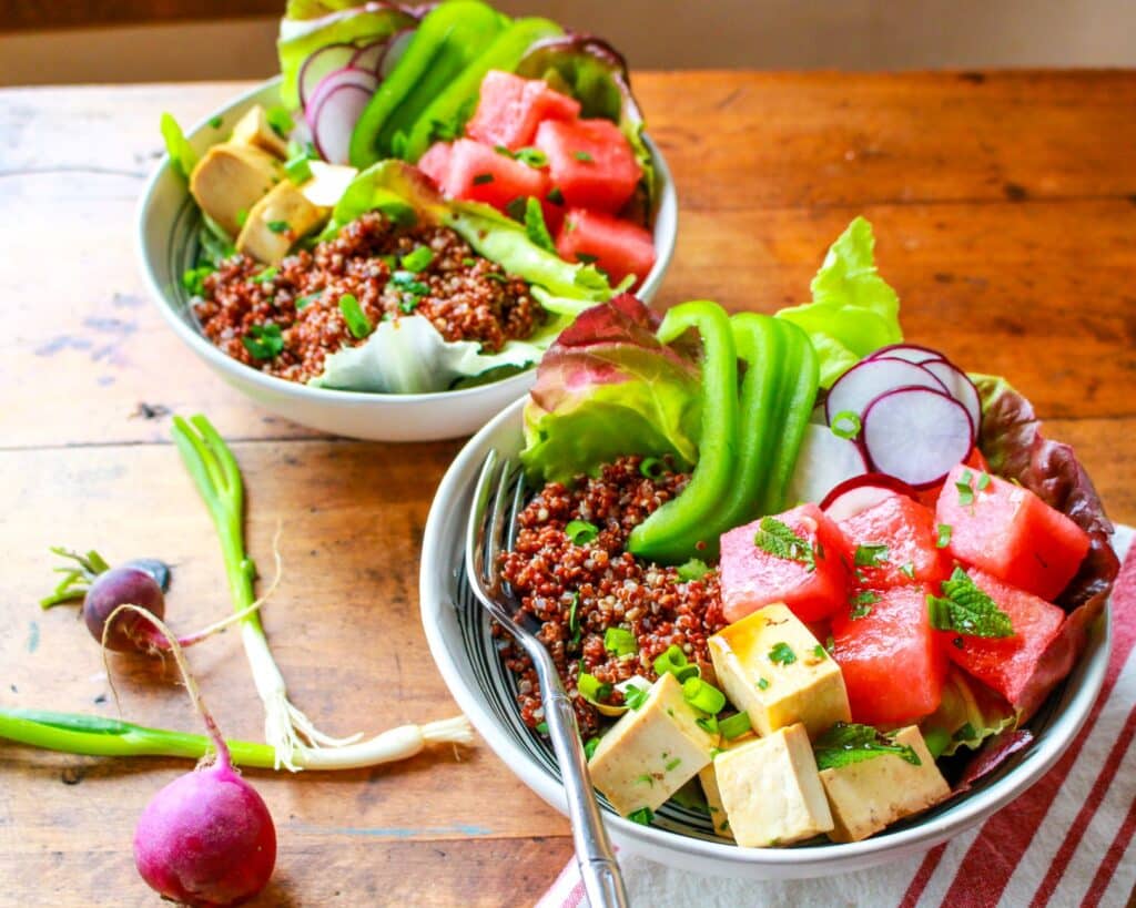 Vegan Poke Bowl with Tofu, Watermelon, and Quinoa