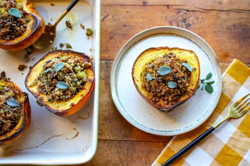 Stuffed Squash with Sage Lentils and Wheat