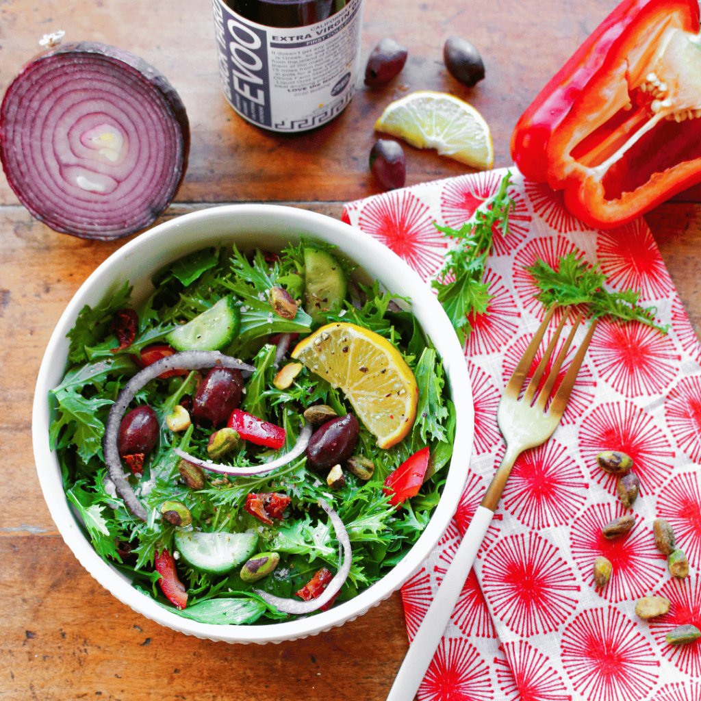Greek Mizuna Salad with Sumac Spice Vinaigrette
