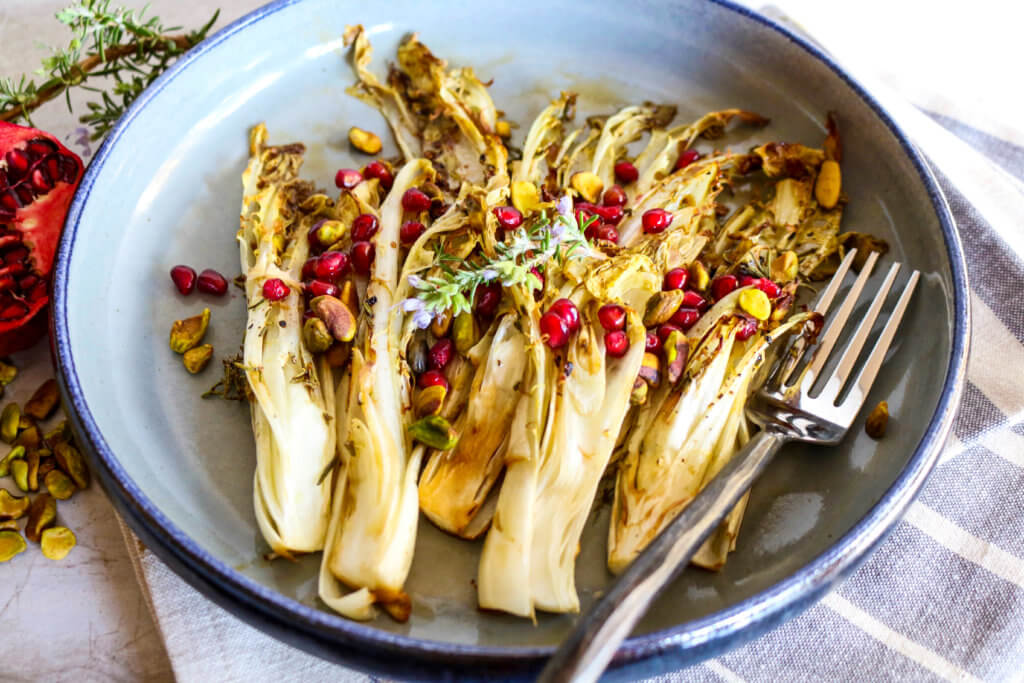 Roasted Chicory with Pistachios and Pomegranates