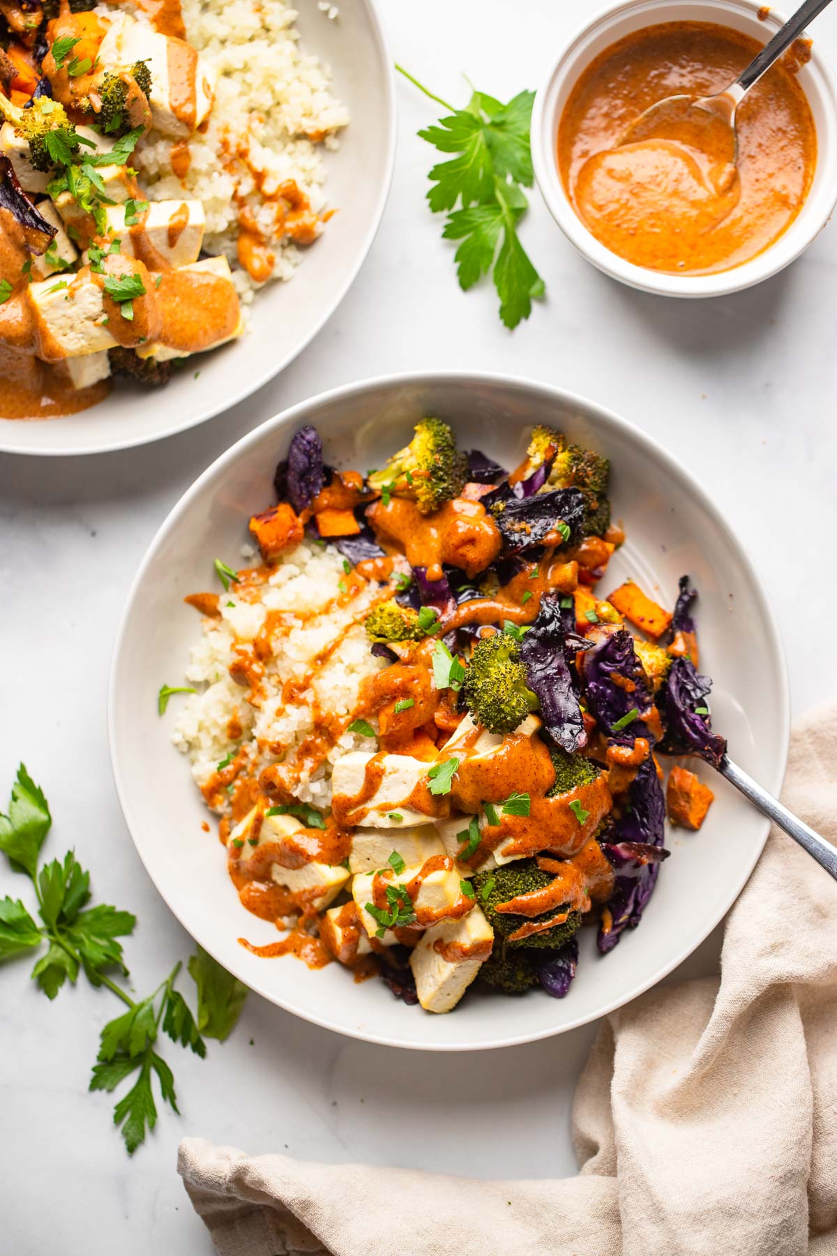 Tofu Power Bowl with Spicy Almond Sauce
