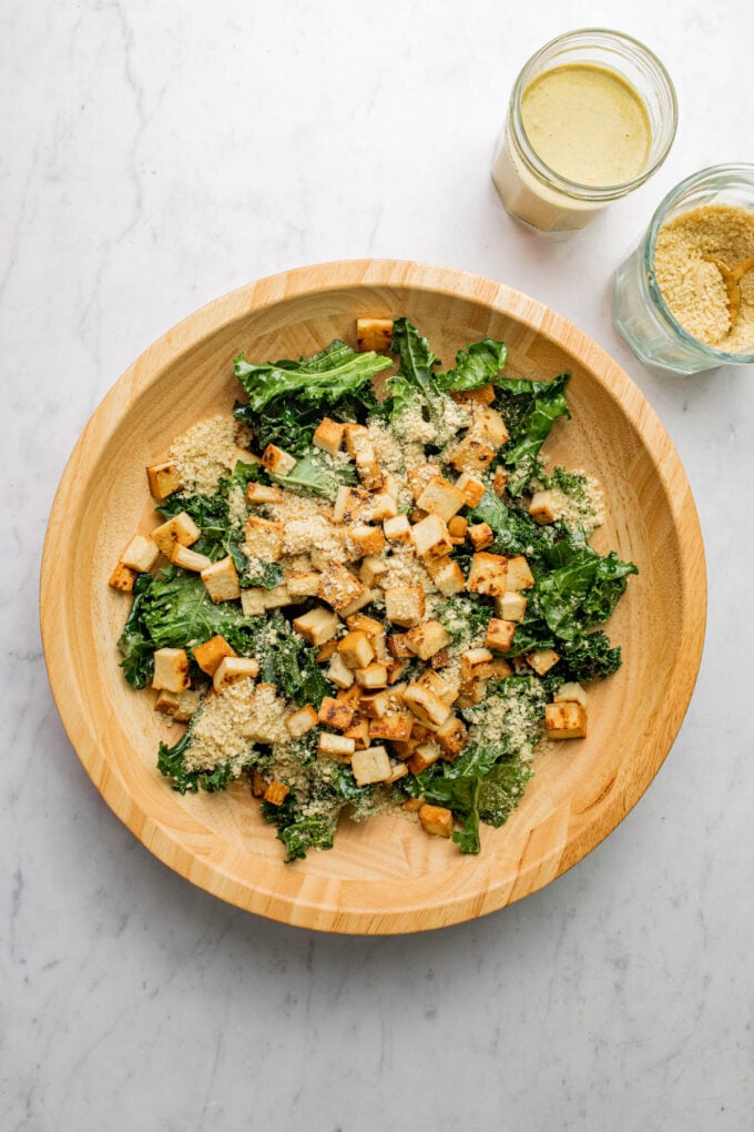 15 Minute Vegan Kale Caesar Salad with Smoked Tofu