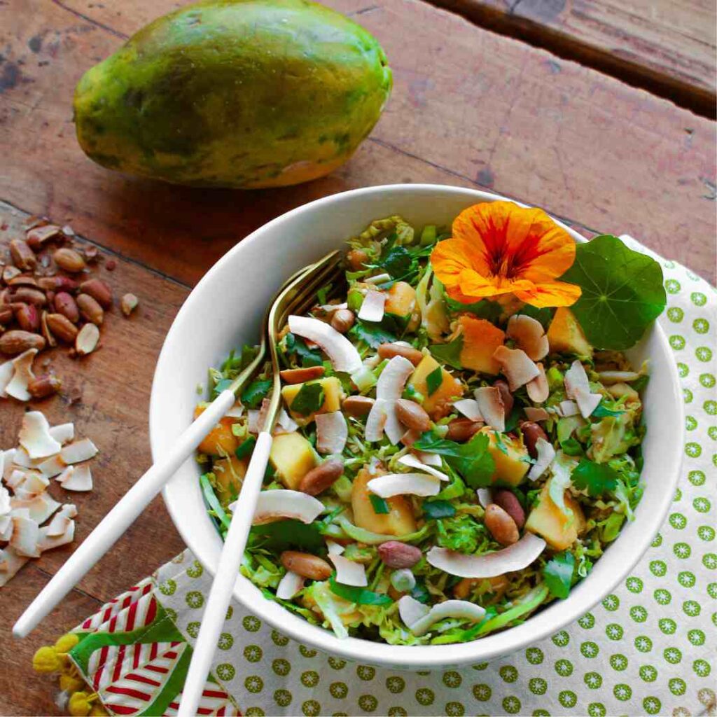Shaved Brussel Sprout Salad with Peanuts and Papaya