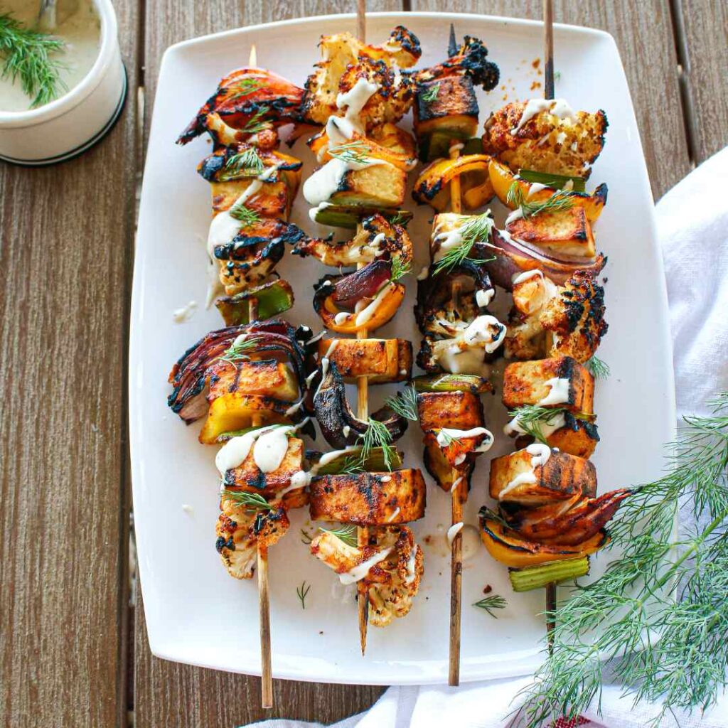 Buffalo Cauliflower Tofu Skewers
