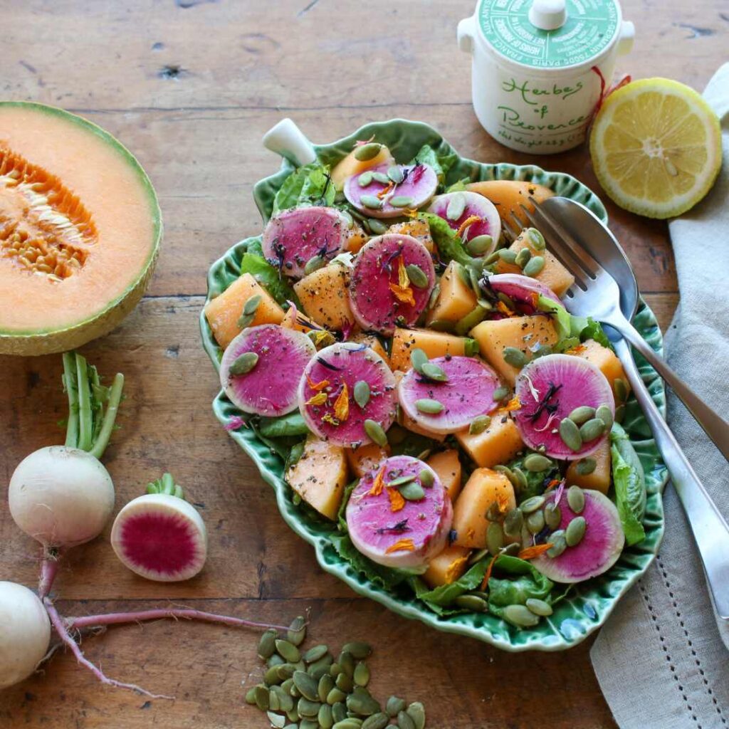 Radish Salad with Cantaloupe and Pumpkin Seeds