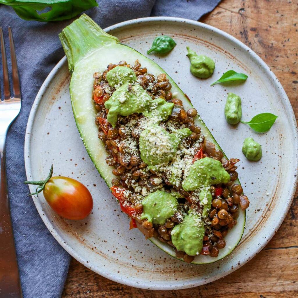 Italian Zucchini Boats with Vegan Pesto