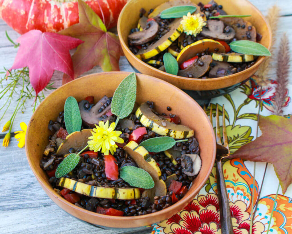 Black Lentils with Delicata Squash and Mushrooms