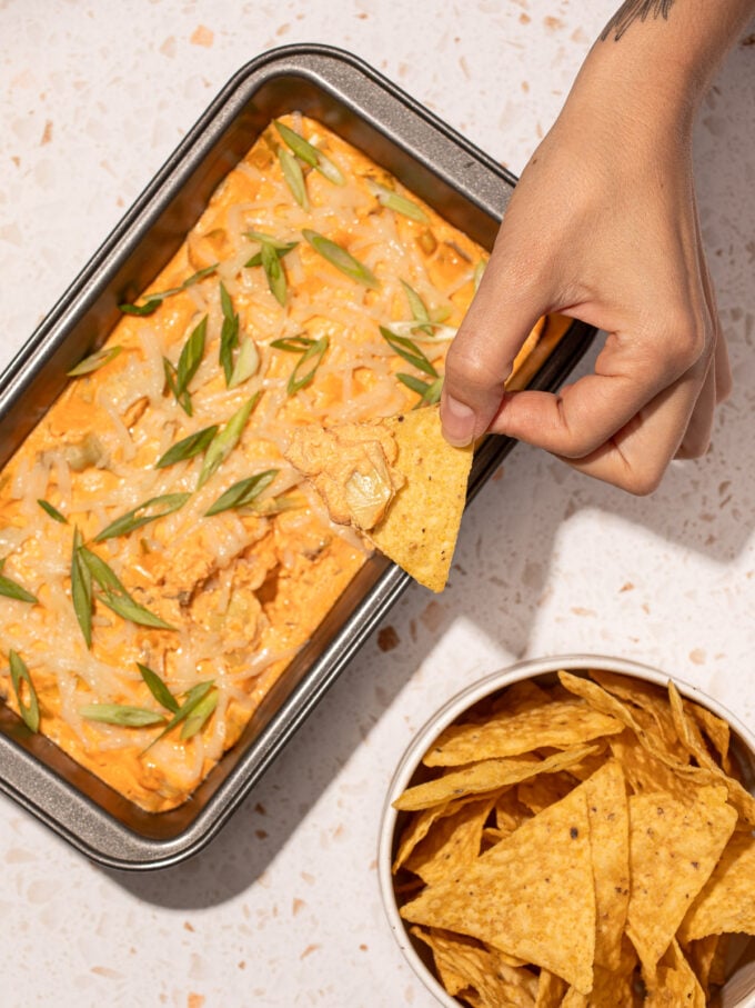 Vegan Baked Buffalo Chicken Dip with Artichokes