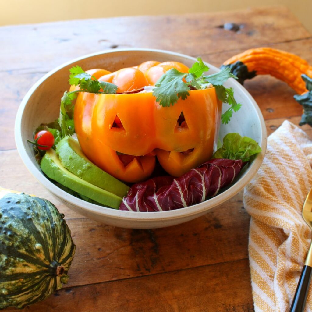 Jack O Lantern Stuffed Peppers with Spicy Kidney Bean Salad
