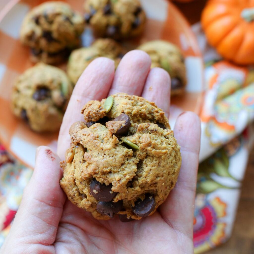Soft Vegan Pumpkin Chocolate Chip Cookies with Pumpkin Seeds