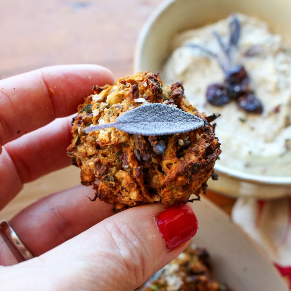 Golden Beet Vegan Meatballs with Almond Sage Cranberry Cream