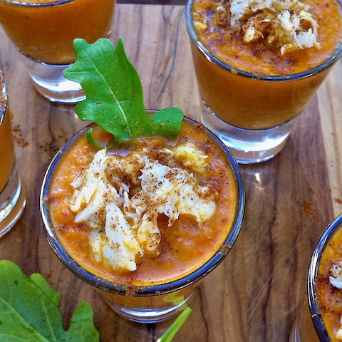 Roasted Carrot Crab Bisque Shooters