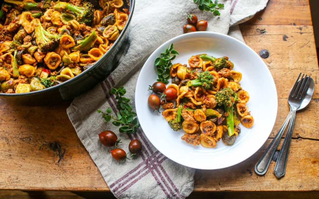 One Pot Vegan Orecchiette Pasta with Sausage and Broccoli