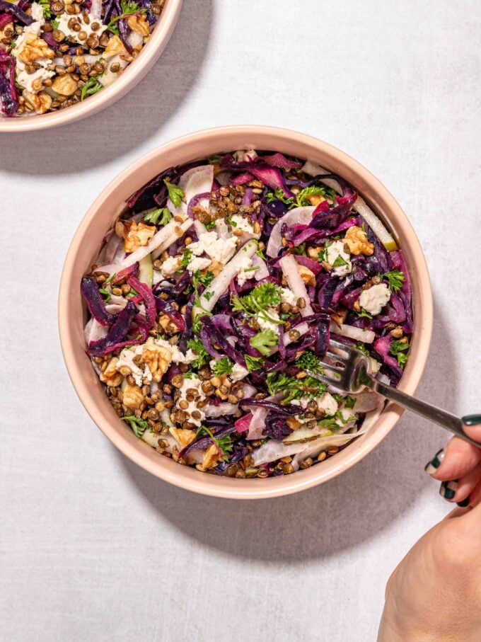Warm Roasted Red Cabbage Salad with Crispy Lentils
