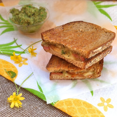 Grilled Cheddar Bacon Pear Sandwich with Green Garlic Pesto