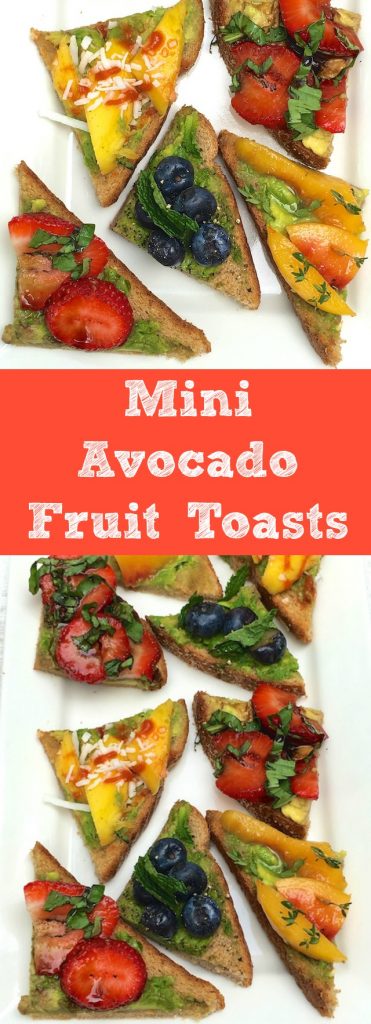 Super easy, colorful appetizers for spring and summer entertaining: Mini Avocado Fruit Toasts - recipe at Teaspoonofspice.com