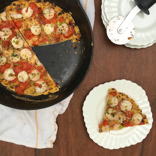 Gluten Free Socca Pizza with Shrimp and Leeks