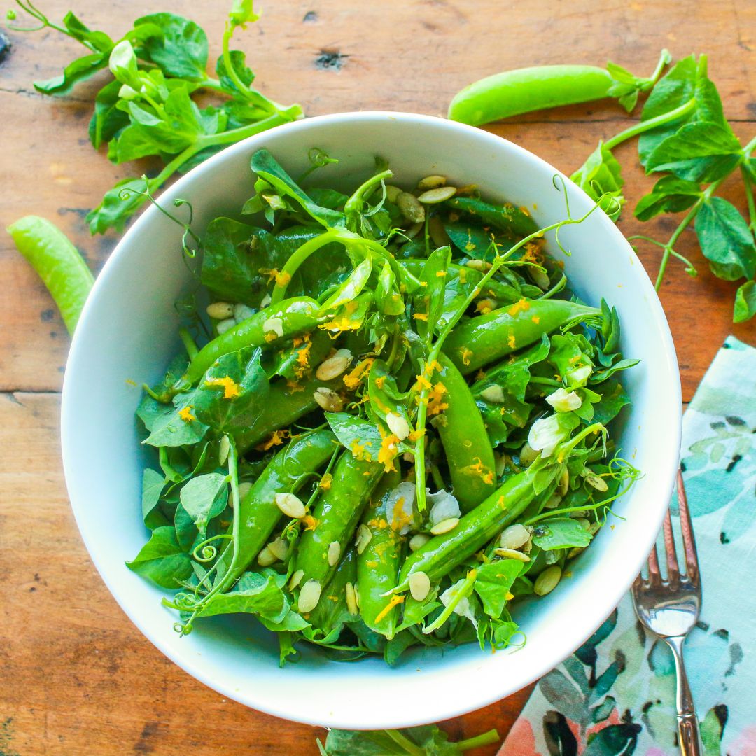Spring Salad with Pea Tendrils, Snap Peas, and Lemon Vinaigrette
