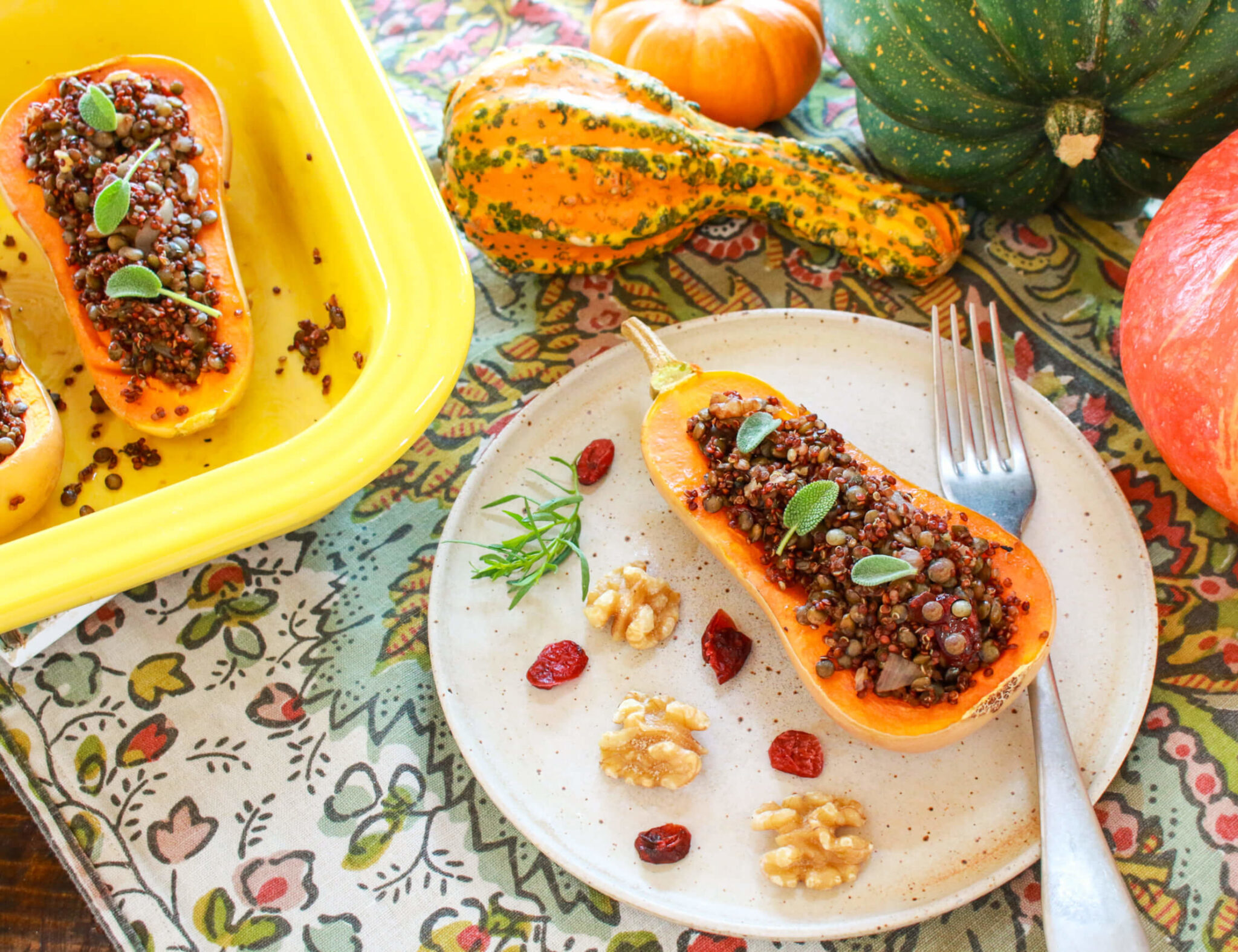 Stuffed Butternut Squash with Sage Lentil Filling