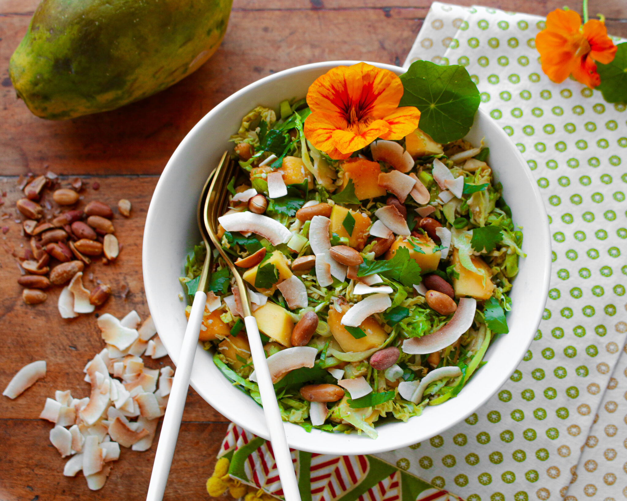 Shaved Brussel Sprout Salad with Peanuts and Papaya