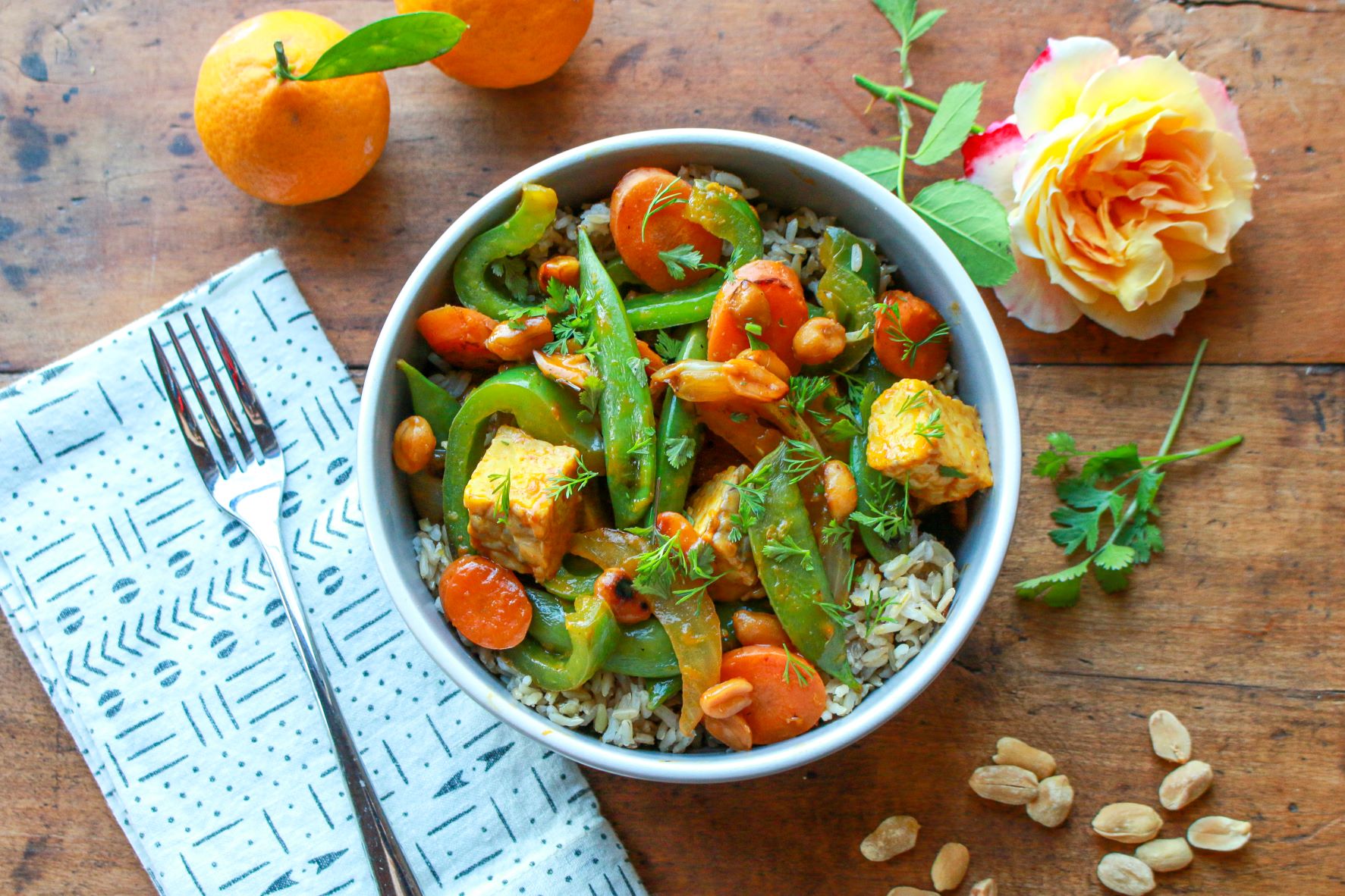 Healthy Orange Peanut Tempeh Stir Fry with Brown Rice