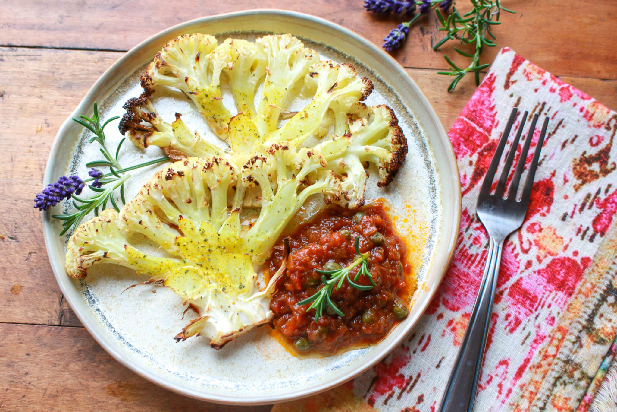 Easy Roasted Cauliflower Steaks with Puttanesca Sauce