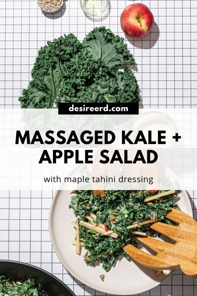 massaged kale and apple salad on white plate with bunch of kale pin