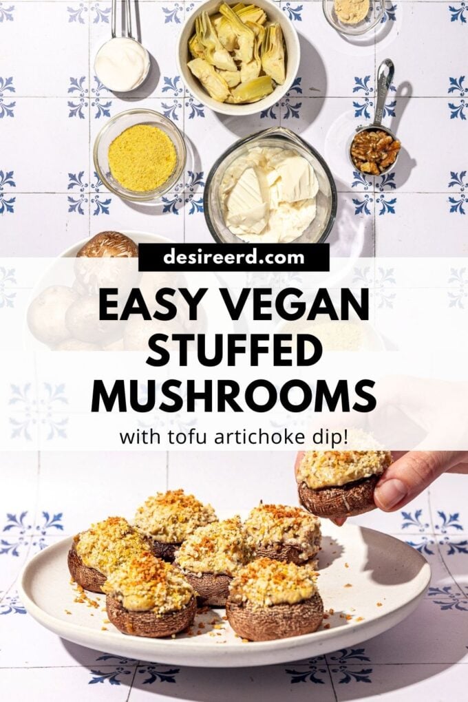 pin of hand holding stuffed mushroom on plate with bowls of tofu, artichoke and nutritional yeast