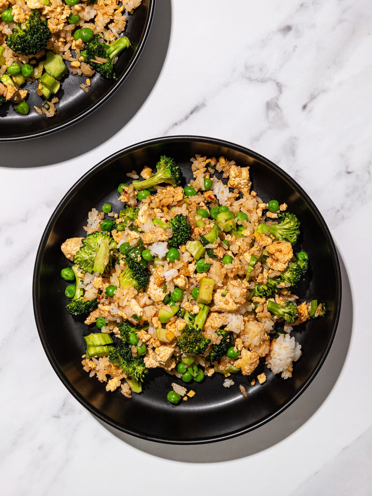 Crumbled Tofu Fried Rice with Broccoli and Peas