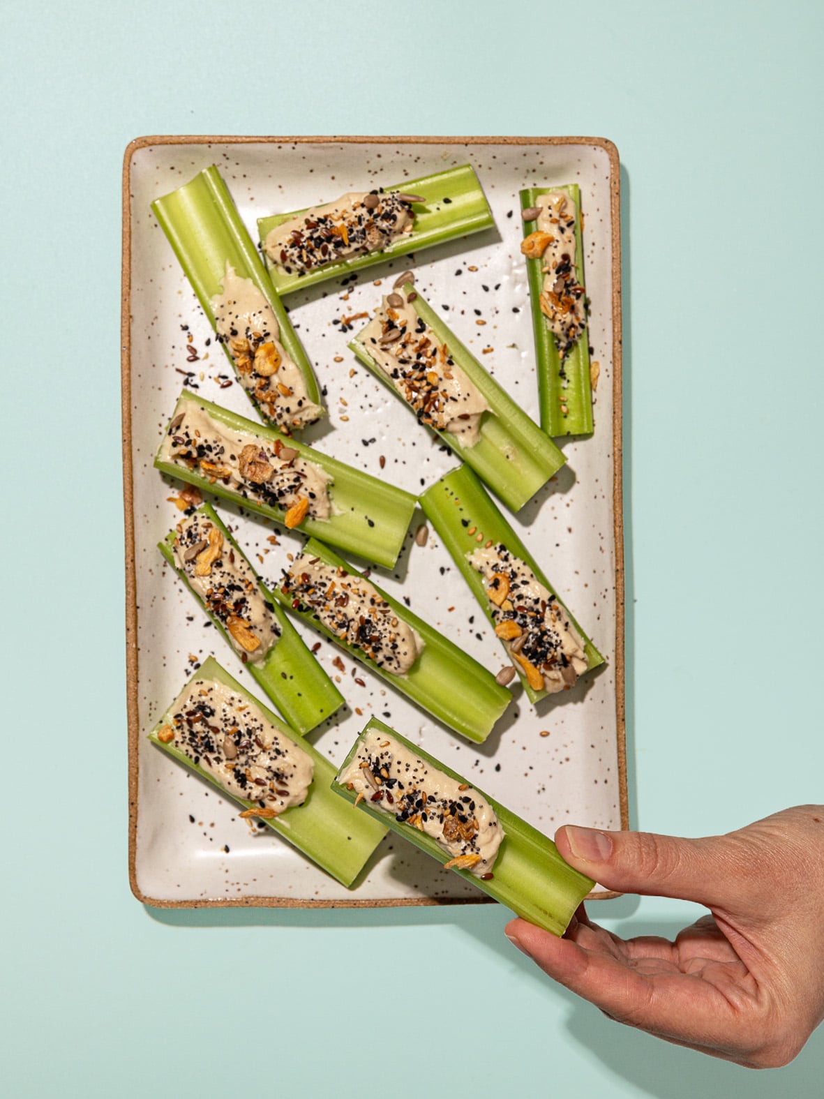 Everything Bagel Celery Snacks with Tahini